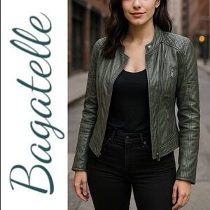NWOT BAGATELLE FAUX LEATHER MOTO BIKER‎ JACKET GRAY GREEN, MEDIUM